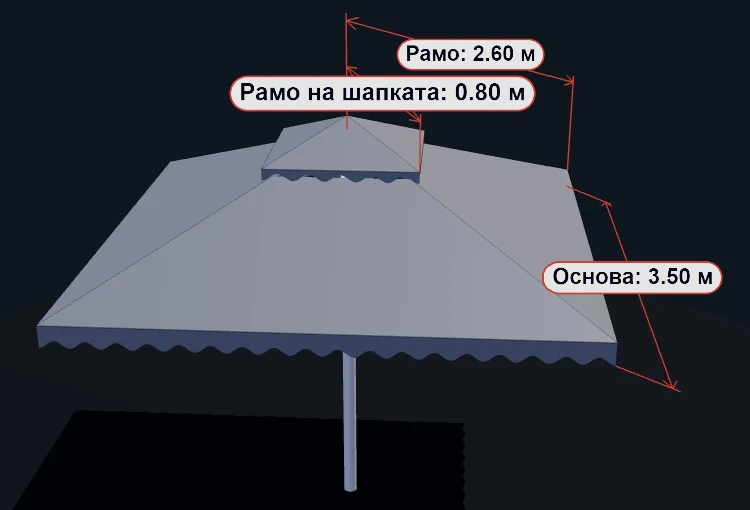 3D конфигуратор: чадър с шапка и размерни линии